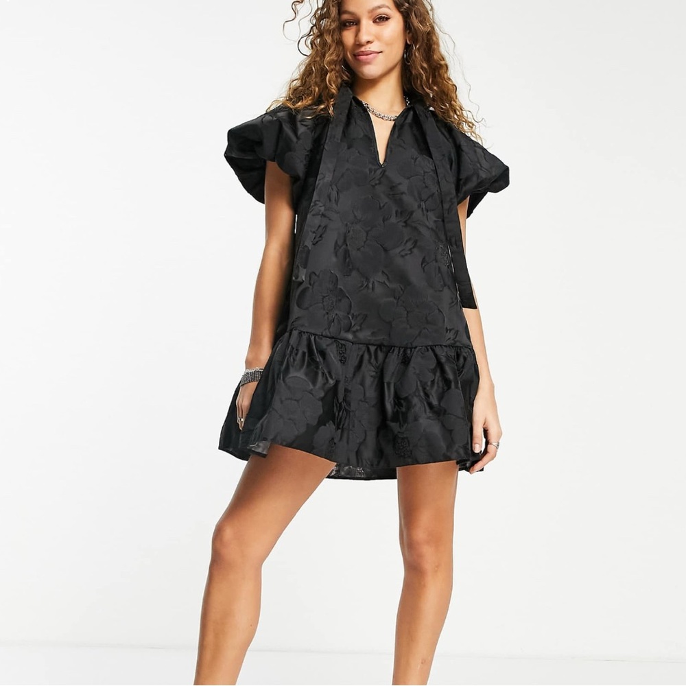 Topshop Premium Puff Sleeve Floral Jacquard Mini Dress - size 4